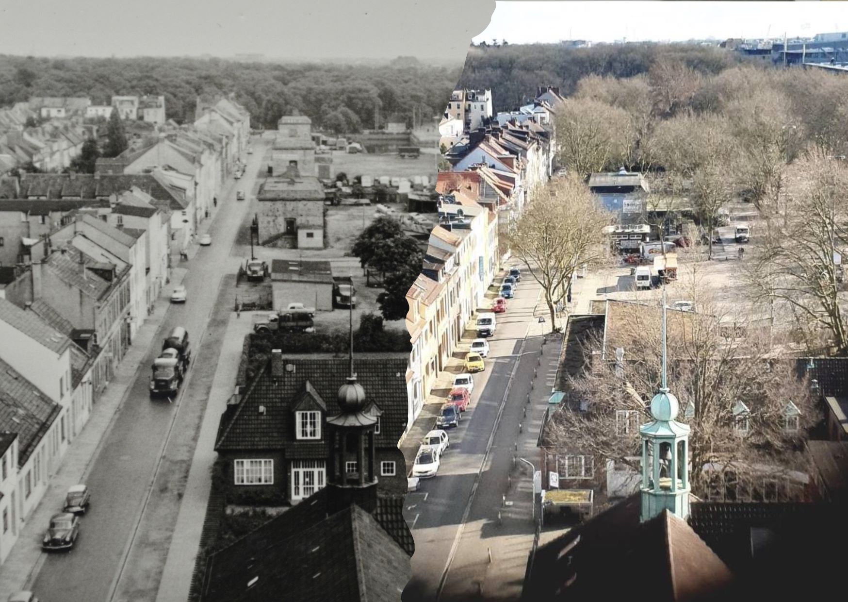Historischer Vergleich: Blick vom Turm die Neukirchstraße runter Richtung Bürgerpark