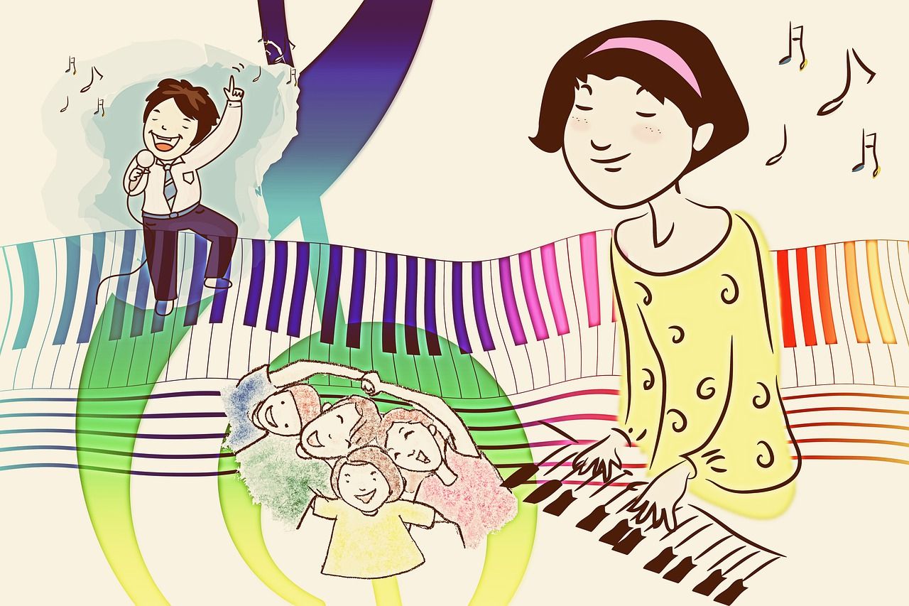 eine bunte gezeichnete Klaviertastatur, Noten und Notenschlüssel, davon singende und spielende Menschen, ebenfalls gezeichnet. Bildnachweis: geralt/pixabay.com